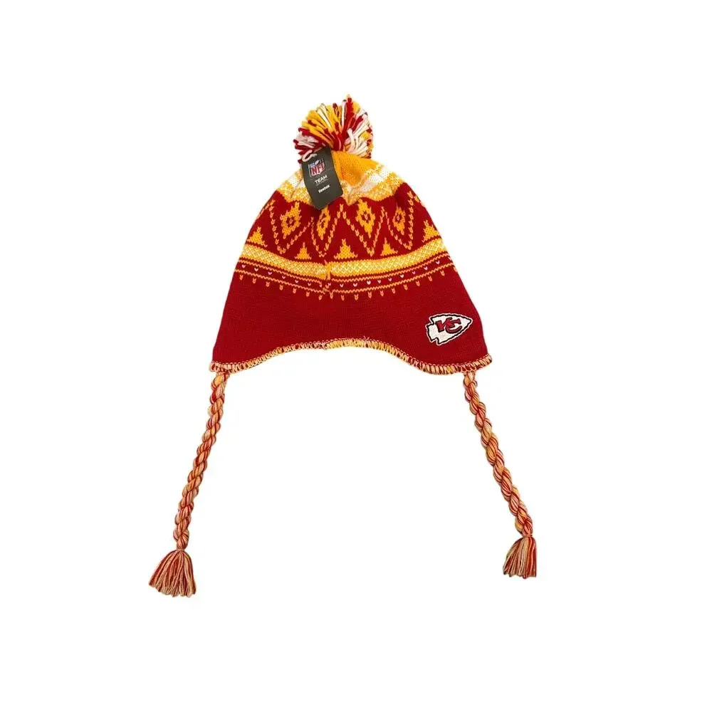 NFL Kansas City Chiefs Red Yellow Fleece Lined Tassel Beanie Hat One Size NWT